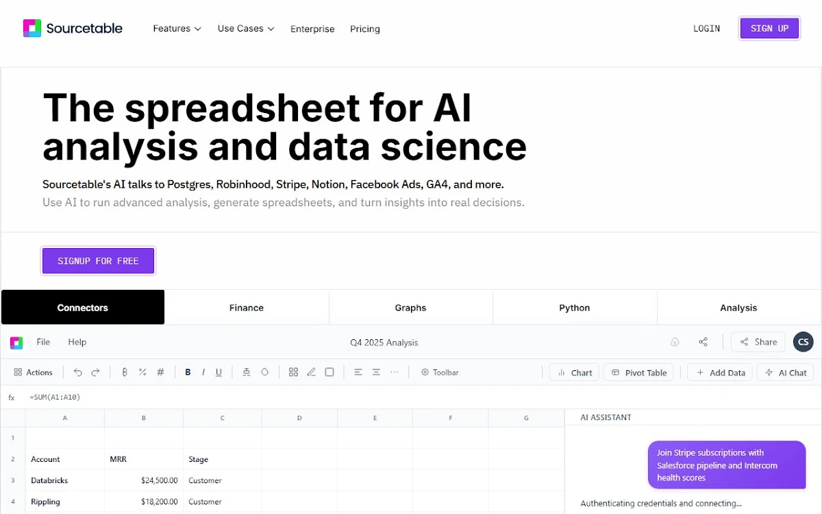Captura de Sourcetable â€” AI spreadsheet & data analyst