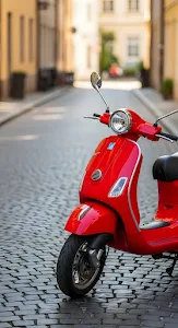 Red Scooter on Cobblestone Street in European Town