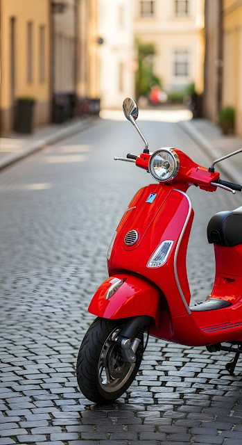 Red Scooter on Cobblestone Street in European Town - Free mobile Wallpaper