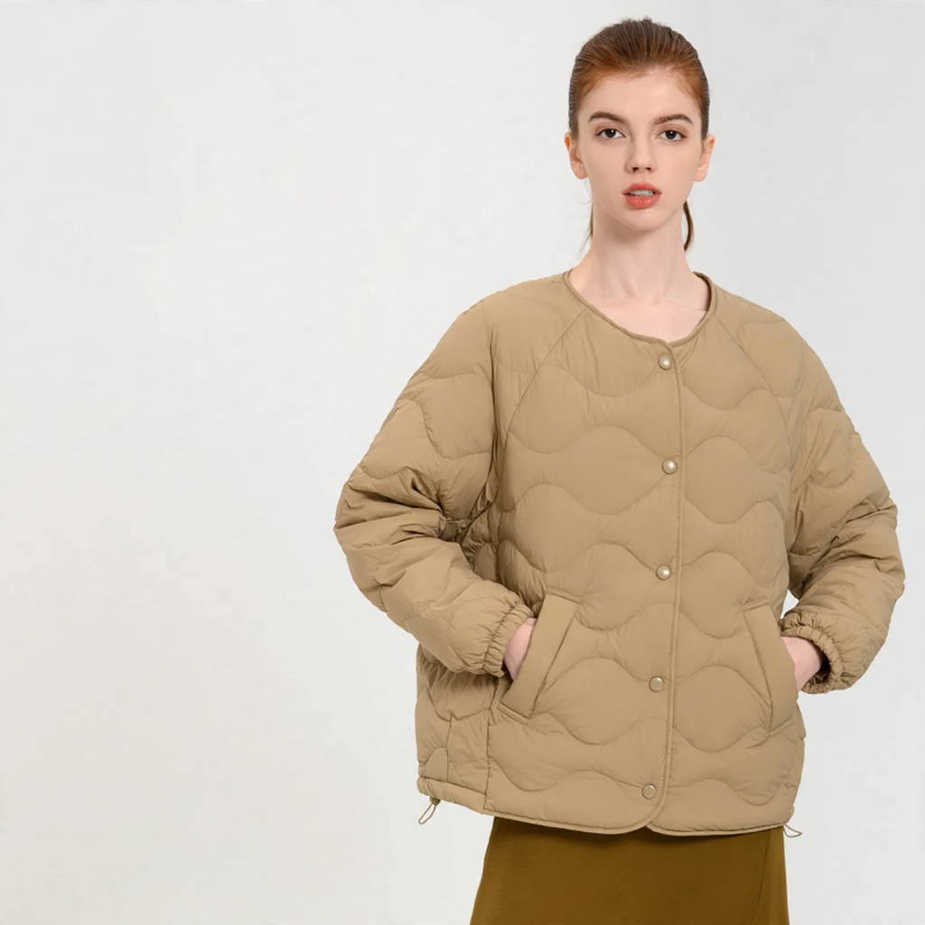 Lightweight women's down jacket, round neckline, thin