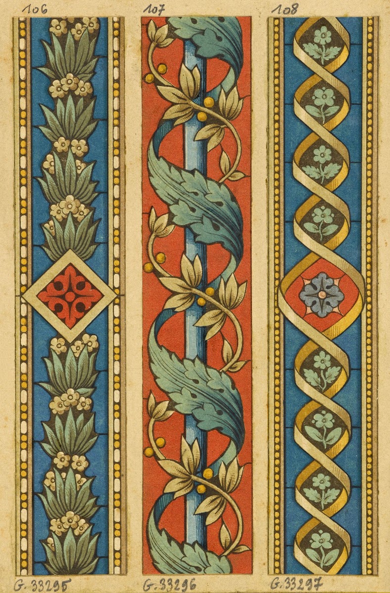 Frise décorative entrelacs de feuilles de lauriers et feuilles dacanthe fond rou