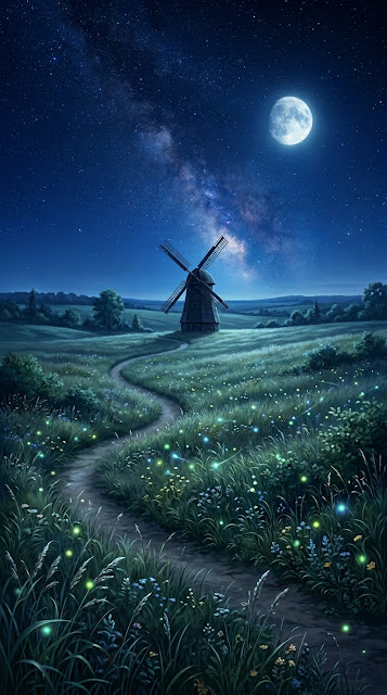 Serene Moonlit Prairie with Windmill and Starry Cobalt Sky - Free mobile Wallpaper