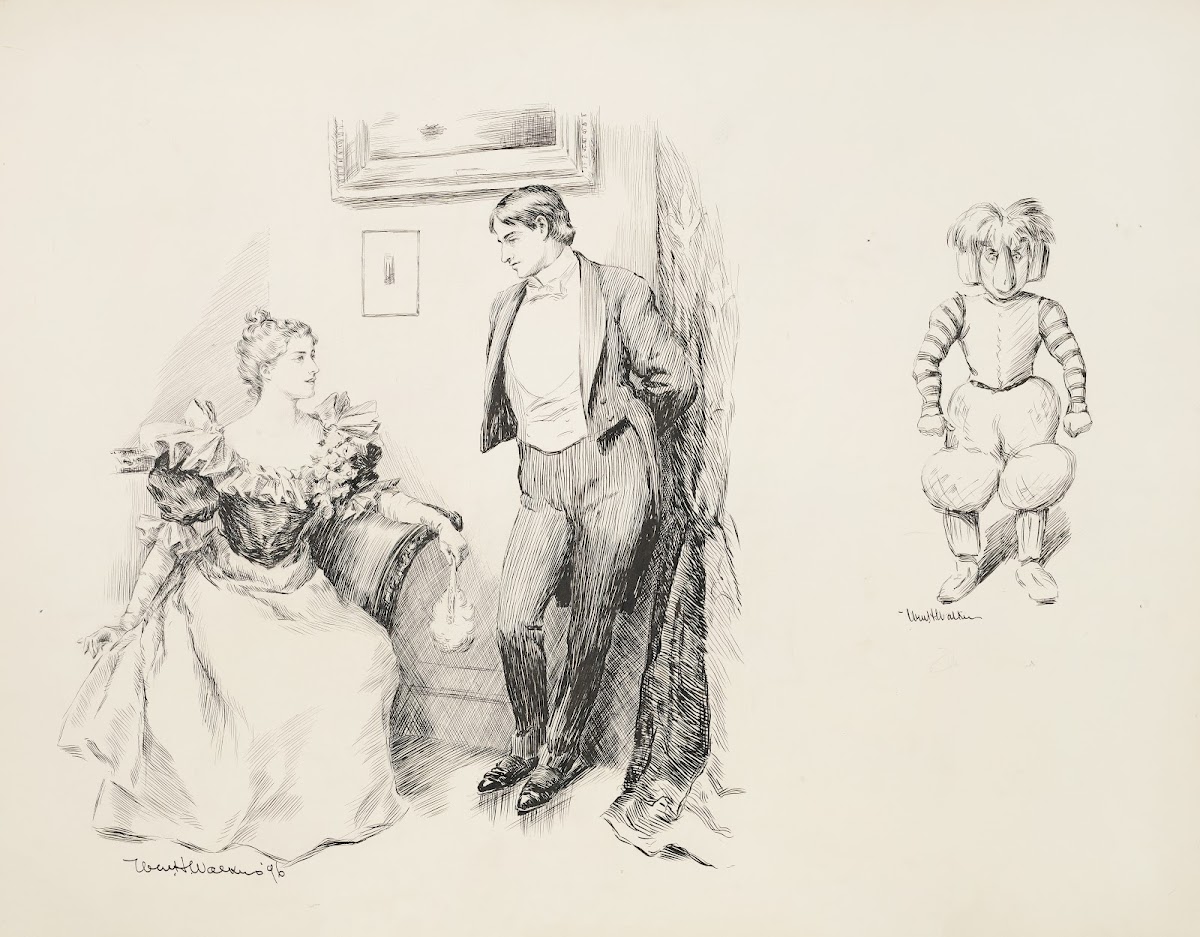 A young couple in fancy clothes talking together And a figure in exaggerated foo