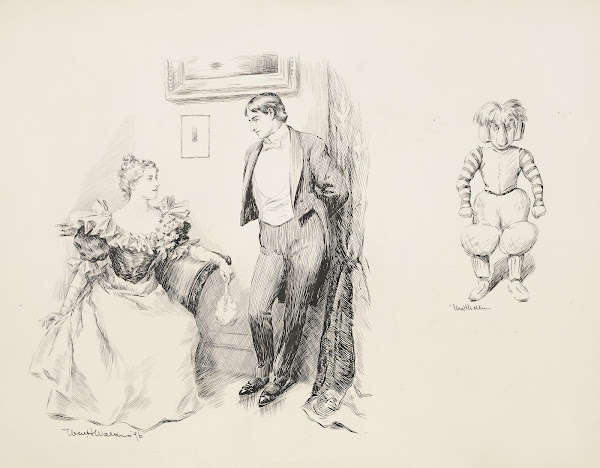 A young couple in fancy clothes talking together And a figure in exaggerated foo