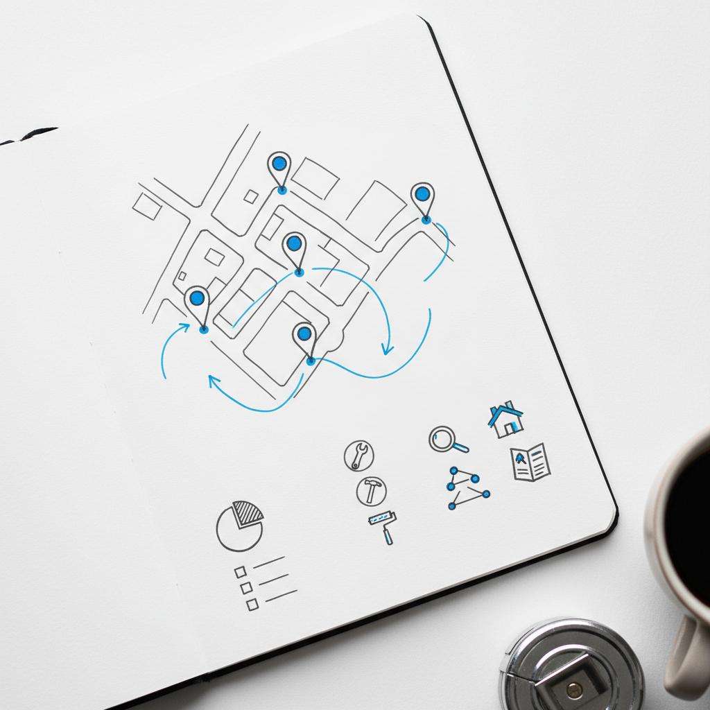 Close-up notebook sketch of a local marketing map with pins, service icons, and platform pictograms to advertise handyman services, minimalist white background, blue-accented pins