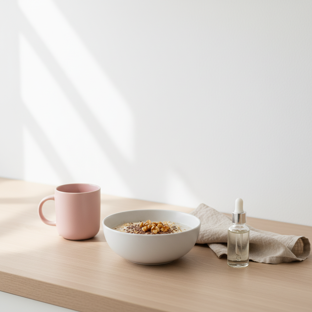 Minimalistisches Full-Frame-Bild: Haferbrei mit Leinsamen und Walnüssen auf Holztisch, unlabeled Nagelhautöl-Fläschchen und rosa Tasse – stimmungsvolles Motiv für weiche Fingernägel