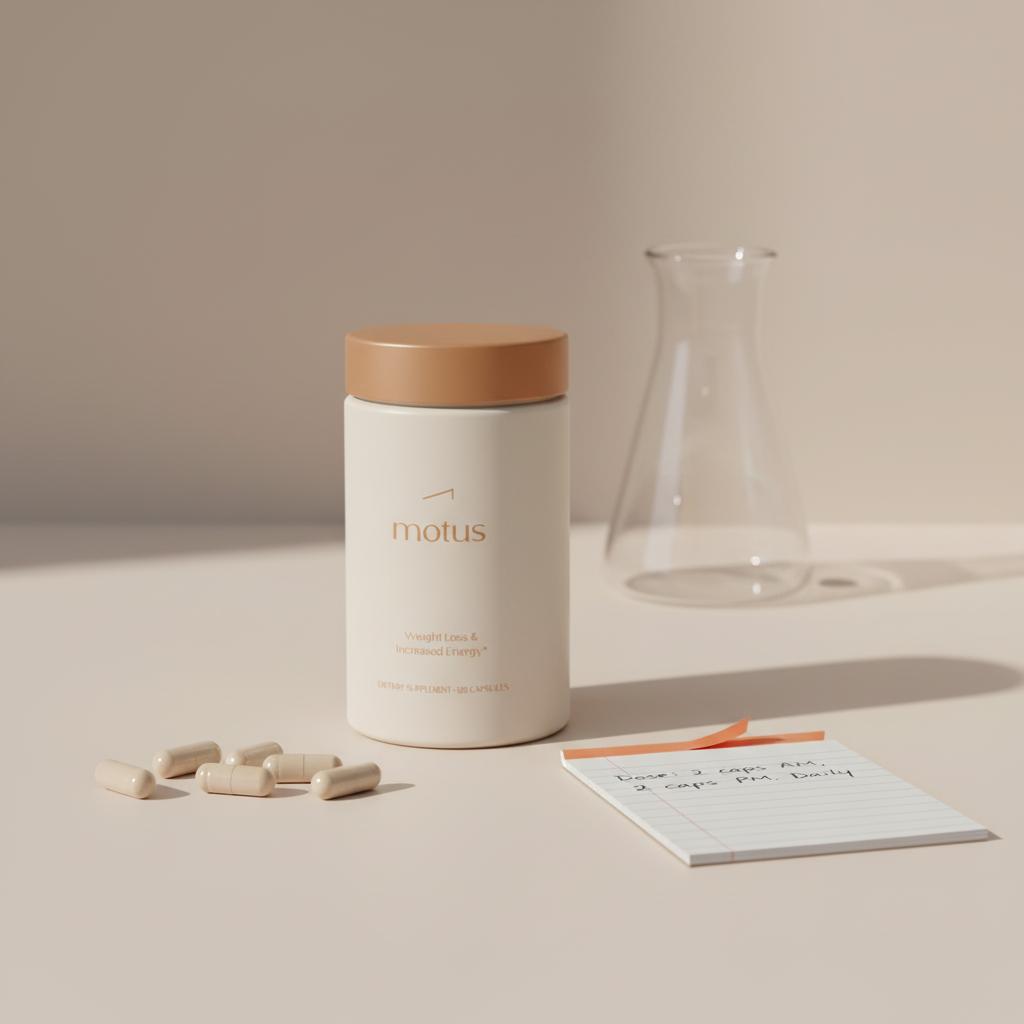 Minimalist product photo of Tonum Motus container with capsules, notepad and lab beaker on #F2E5D5 background, clean modern shot highlighting mitochondrial supplements.