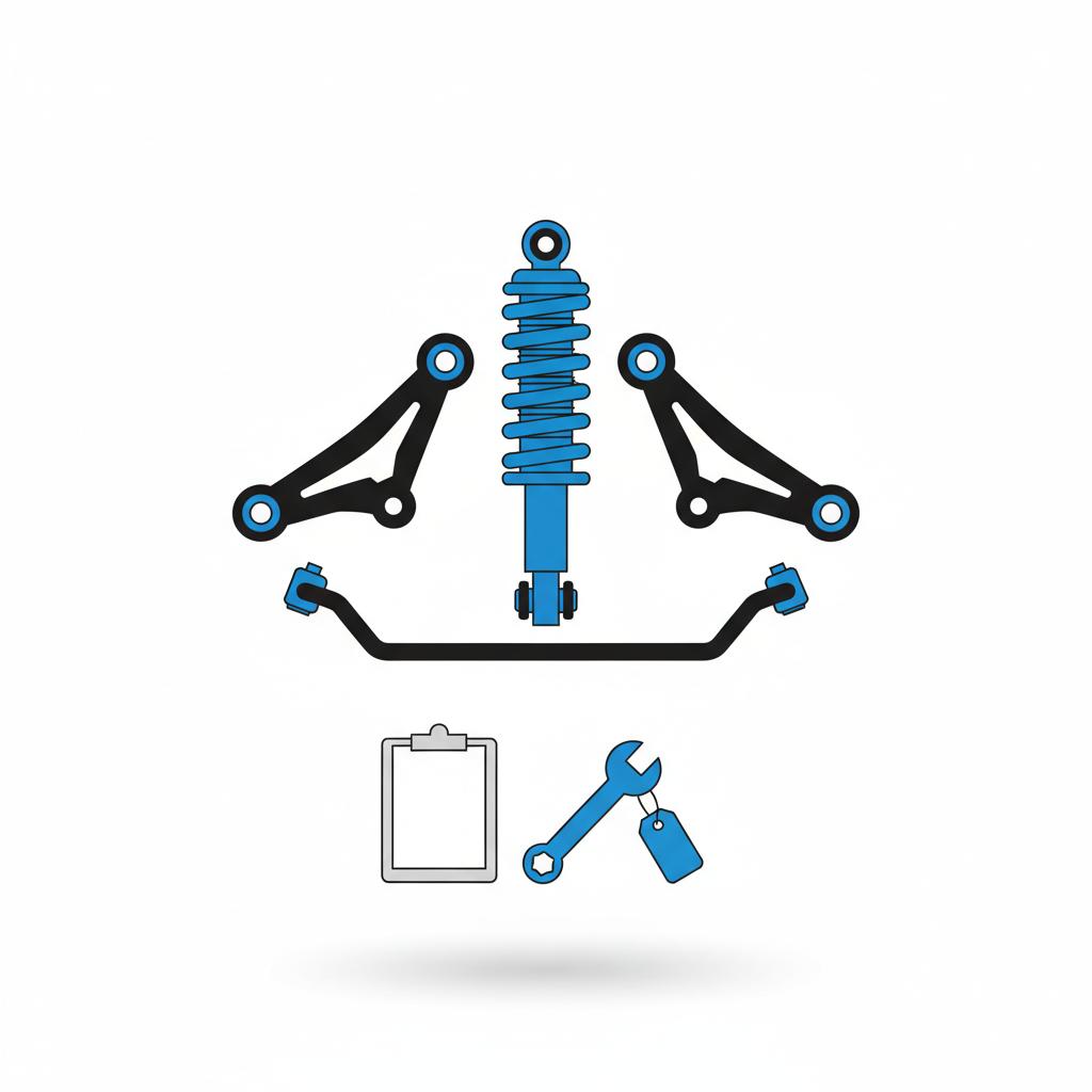 Minimalist 2D vector of vehicle suspension inspection with clipboard and tools in CarFax blue and black on white background range rover sport for sale