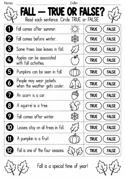 Fall True or False Worksheet