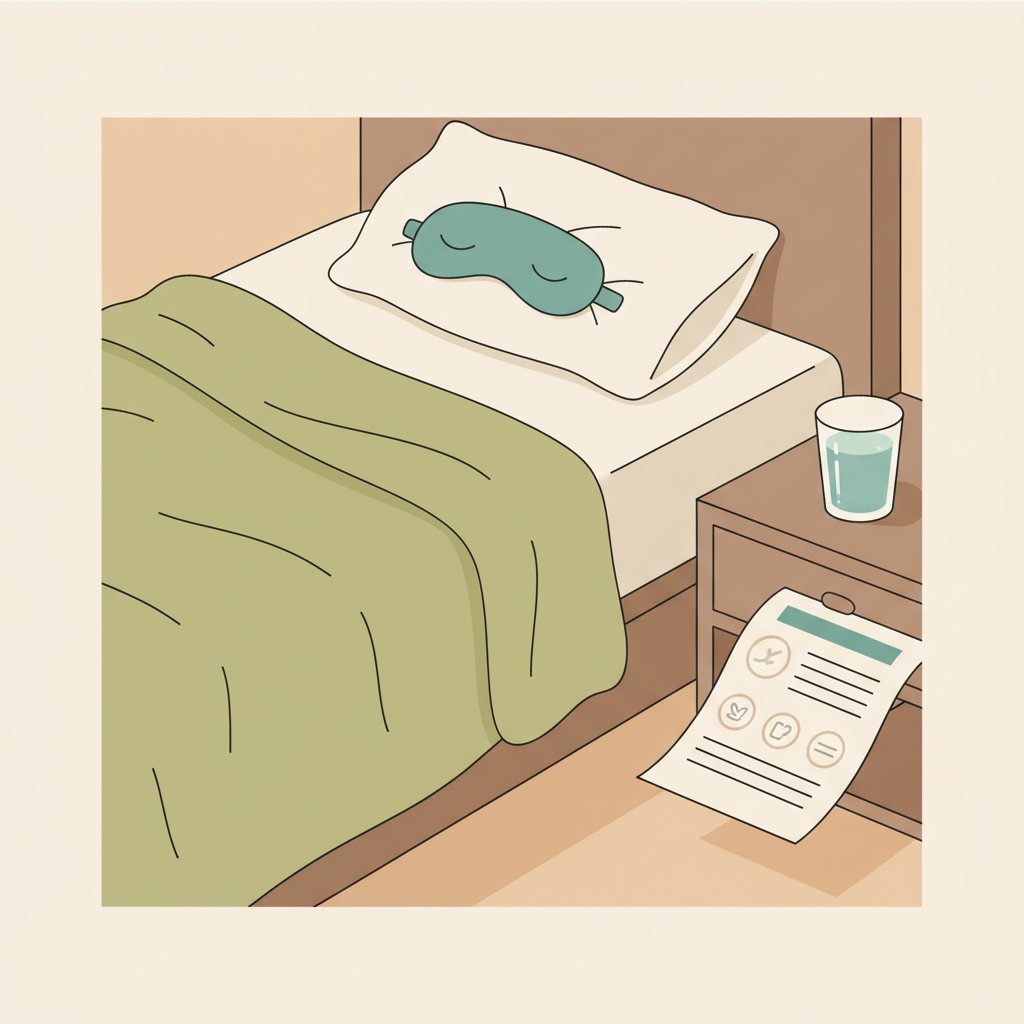 Symbolische Regenerationsszene mit Bett, Nachtisch, Glas Wasser und offenem Ernährungsplan zur Unterstützung der Trainingsfrequenz Muskelaufbau.