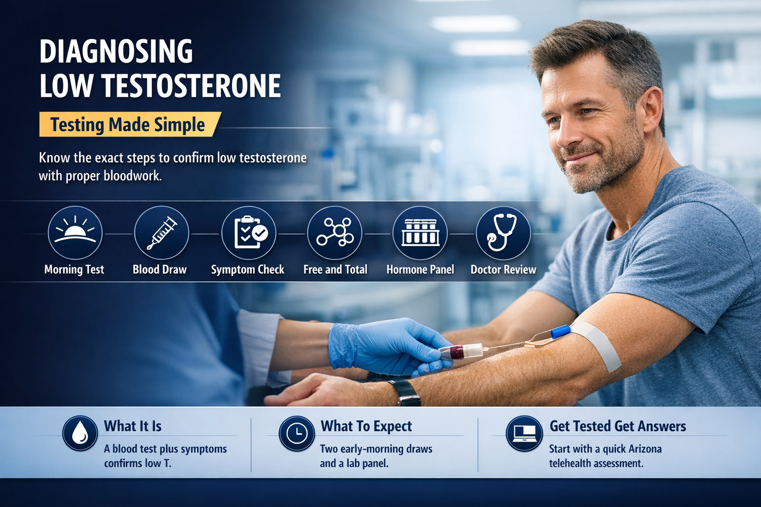 How Is Low Testosterone Diagnosed? — AZTRT Arizona TRT clinic blog cover showing a healthy man having blood drawn in a modern lab with a low-testosterone diagnosis infographic