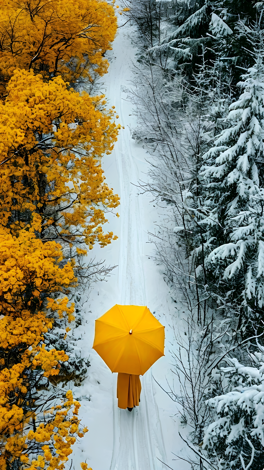 Seasons Divided Yellow Umbrella Snow Path Contrast - Free 4K mobile Wallpaper