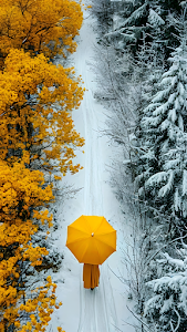 Seasons Divided Yellow Umbrella Snow Path Contrast