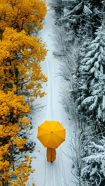Seasons Divided Yellow Umbrella Snow Path Contrast - Free mobile Wallpaper