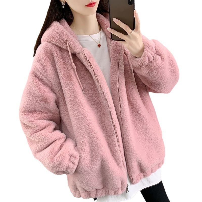 Lamb fleece coat with hood, mid-length