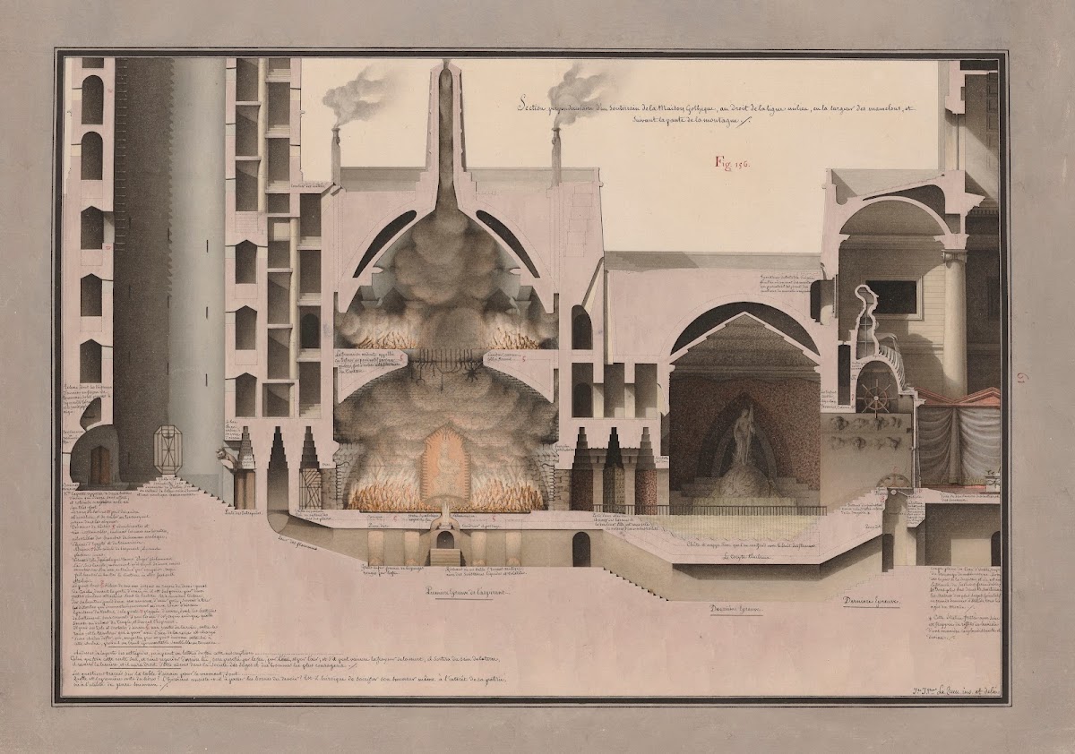 Section perpendiculaire dun souterrain de la maison gothique au droit de la lign
