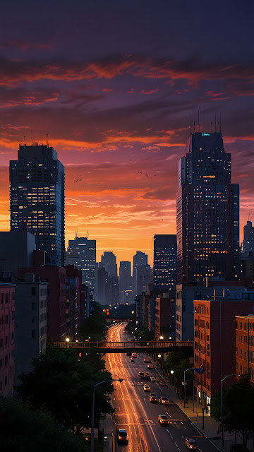 Urban Sunset Over City Street with Traffic Light Trails - Free mobile Wallpaper