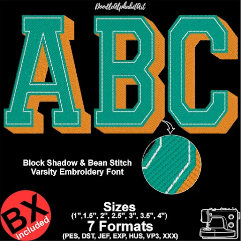 Varsity Block Shadow and Bean Stitch Embroidery Font machine embroidery font preview