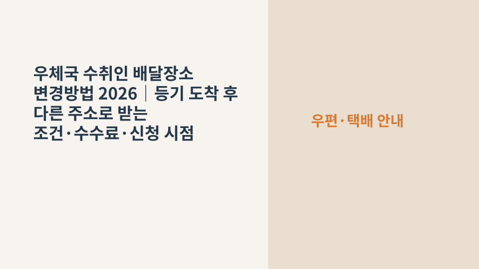 배달 예정 등기우편의 수령 장소를 다른 주소로 변경하는 상황을 표현한 우편 봉투와 위치표시 장면