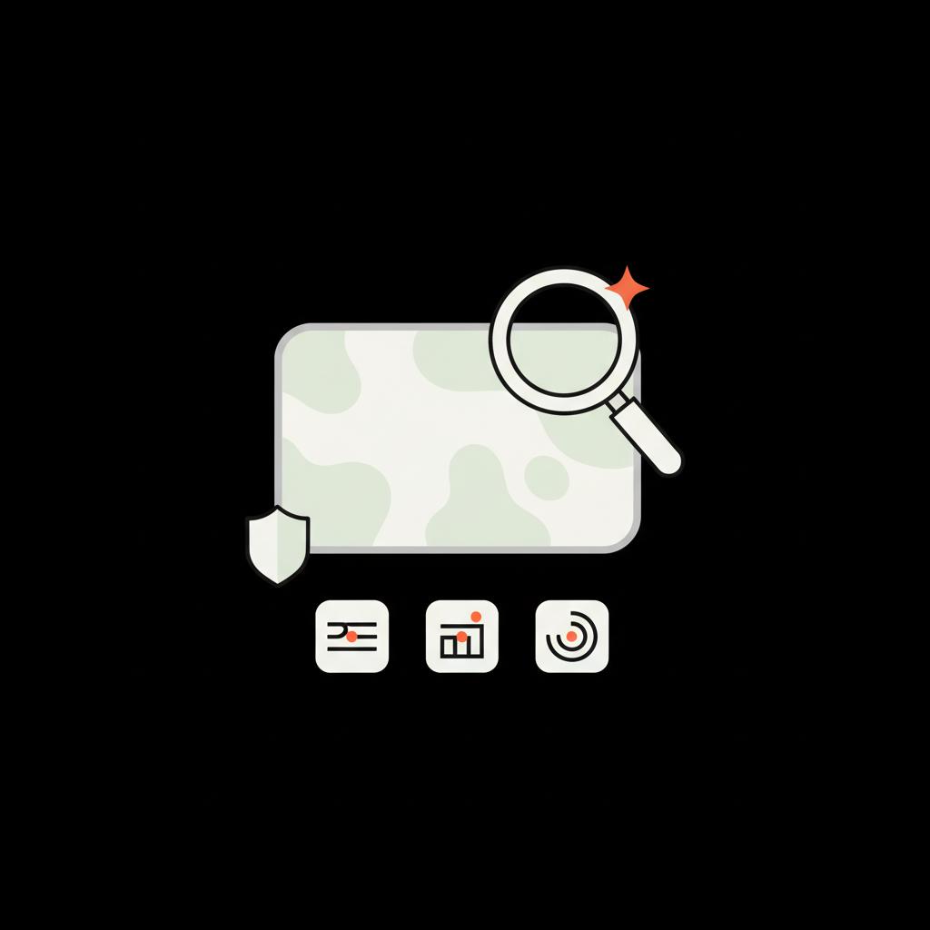 Minimal 2D vector infographic of a magnifying glass over a review card with stylized platform icons and a small shield on black background, high-contrast brand colors — delete a review you left