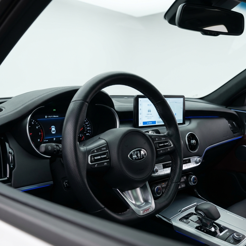 Close up of Kia Stinger instrument cluster and center infotainment screen showing trim and tech features kia stinger for sale