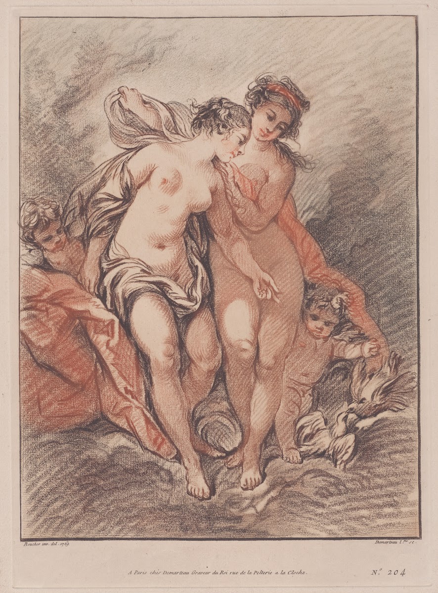 Deux Nymphes et deux Amours regardant des colombes Two Nymphs and Loves watching