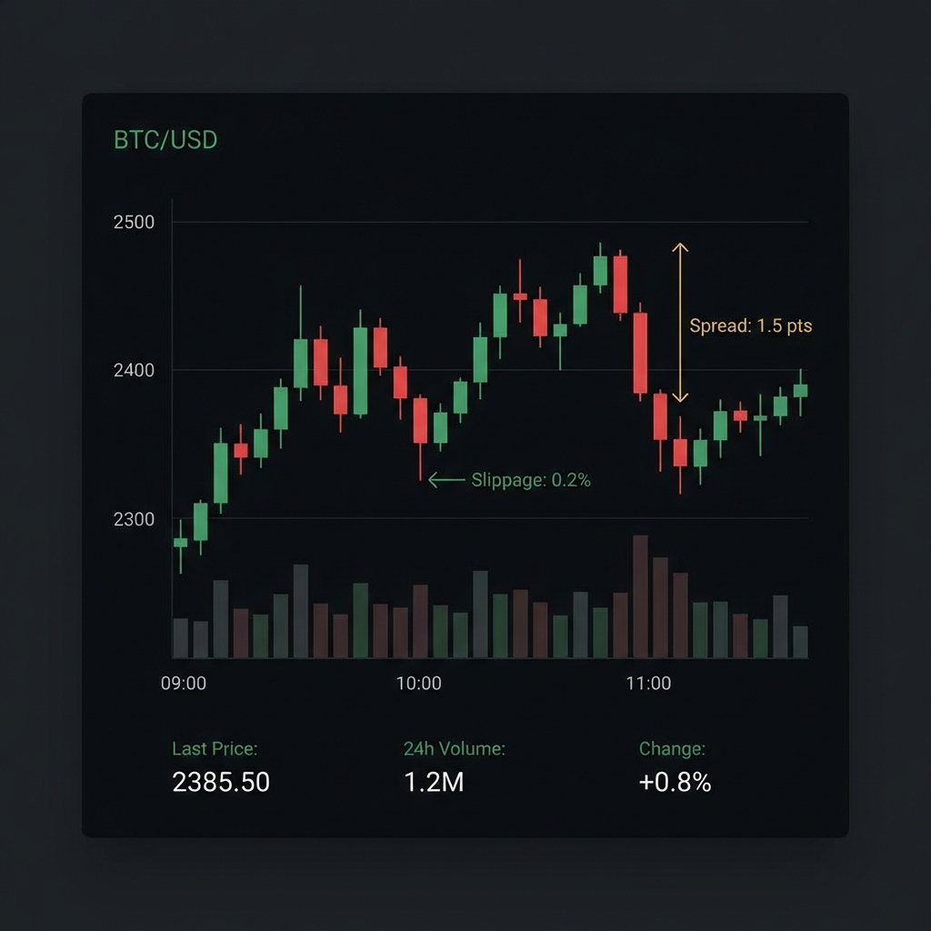 Minimalist close up of a trading dashboard with candlestick chart and volume bars showing small annotations for slippage and spread on a dark Finance Police styled background ai crypto trading