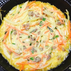 Bắt chảo lên bếp, cho một muỗng canh dầu ăn. Khi dầu nóng cho từng muỗng bột vào chảo sao cho bánh dày khoảng 1cm. Khi mặt bánh vàng đều thì lật mặt còn lại đến khi chín vàng cả hai mặt thì lấy bánh cho ra đĩa.