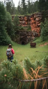 Hiker Approaching Abandoned Mine Entrance in Red Rock Valley