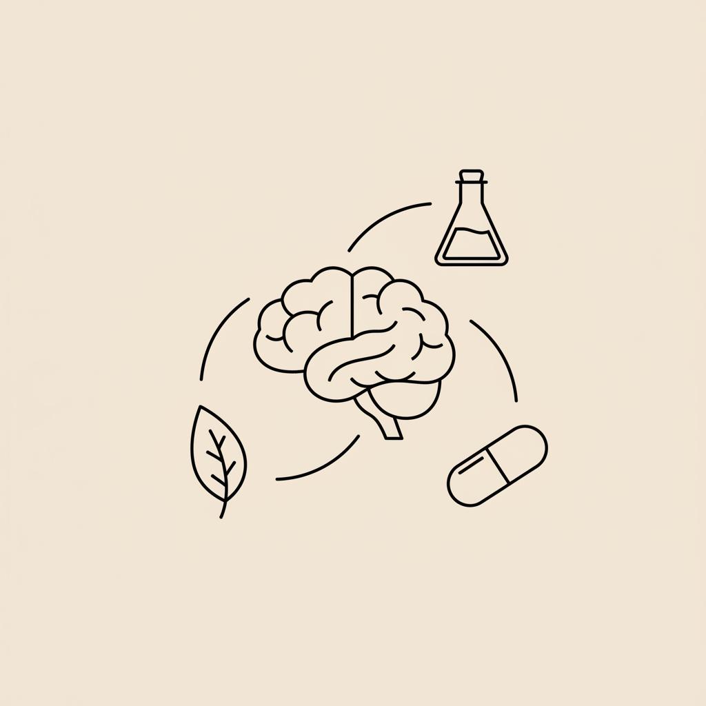Minimal Tonum-style line illustration of a brain linked to a flask, capsule, and leaf representing neurotransmitter testing