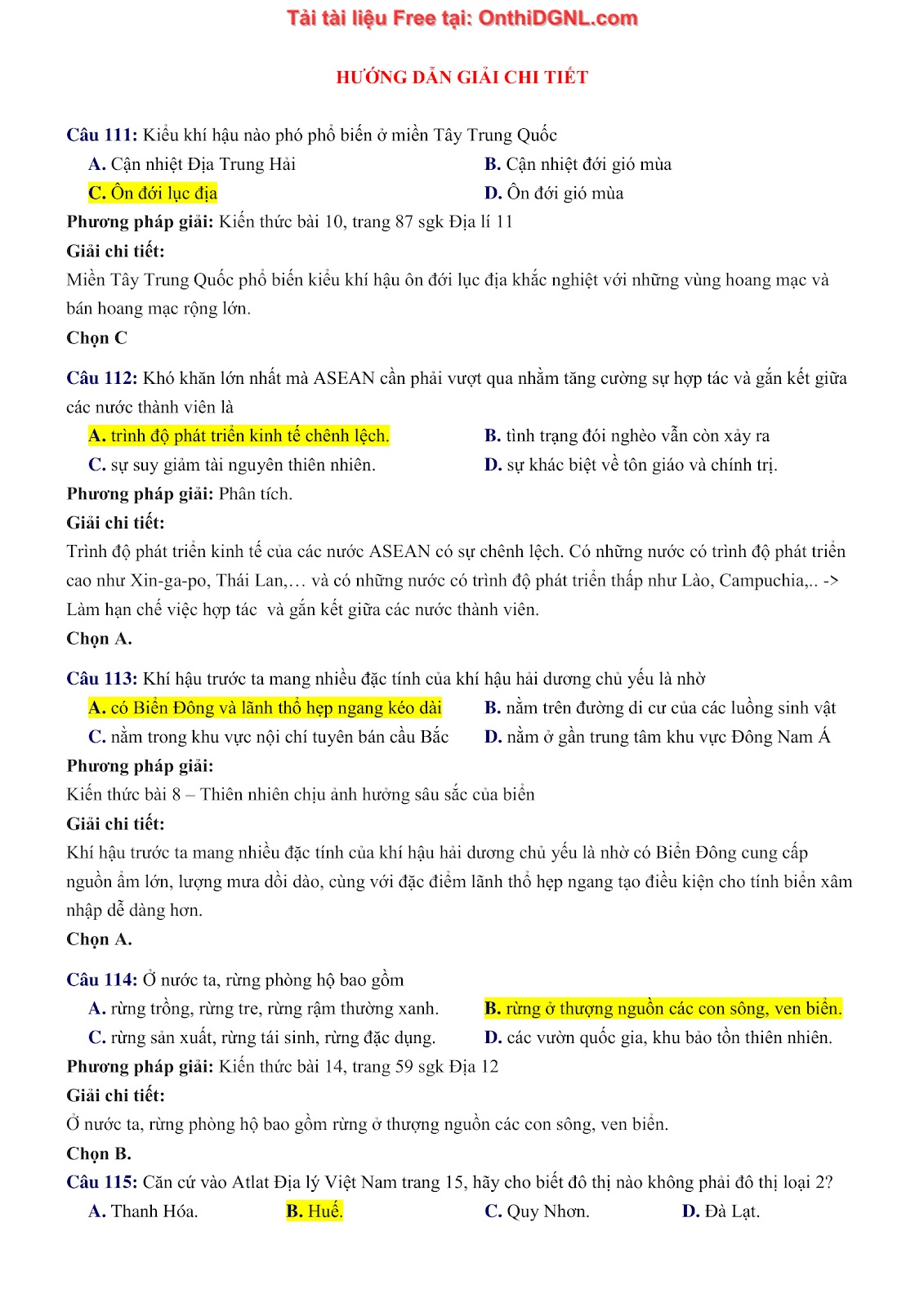 150bài tập môn Địa Lý - Ôn thi ĐGNL ĐHQG TP hà nội Phần 4