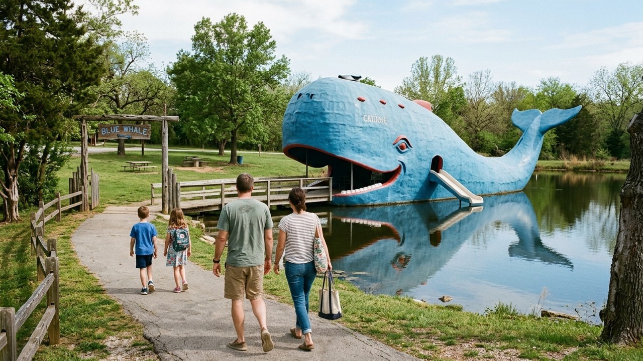 Iconic Blue Whale of Catoosa roadside attraction on Route 66 Oklahoma