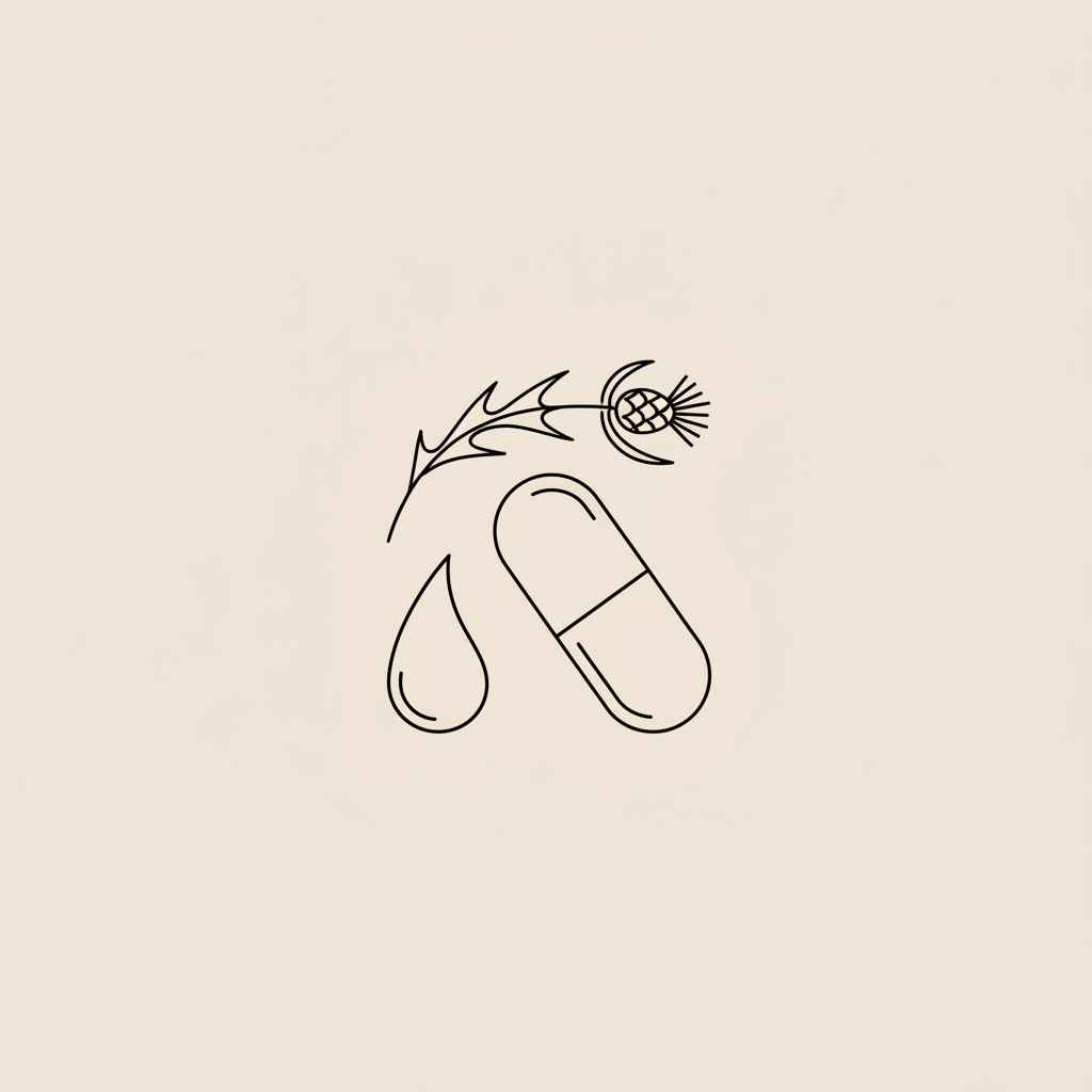 Minimal Tonum-style vector line illustration of a water droplet, capsule, and milk thistle sprig representing magnesium glycinate on a beige background #F2E5D5