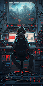 Hacker Coding Setup Dystopian Cloudscape Cyberpunk Art