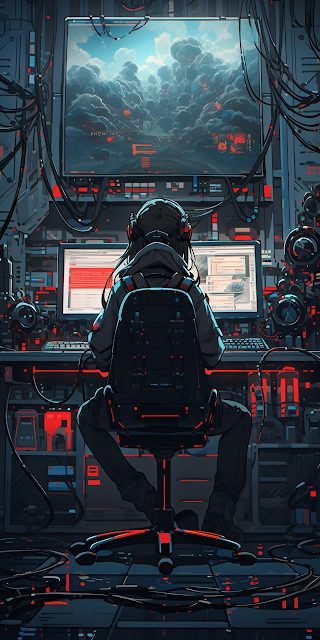 Hacker Coding Setup Dystopian Cloudscape Cyberpunk Art - Free mobile Wallpaper