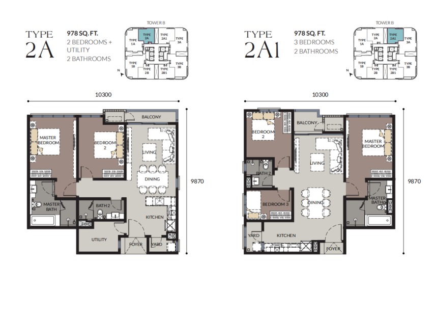 Bangsar Hill Park – Tower B and C Type 2A floor plan — 917 sq ft, 3 bedrooms