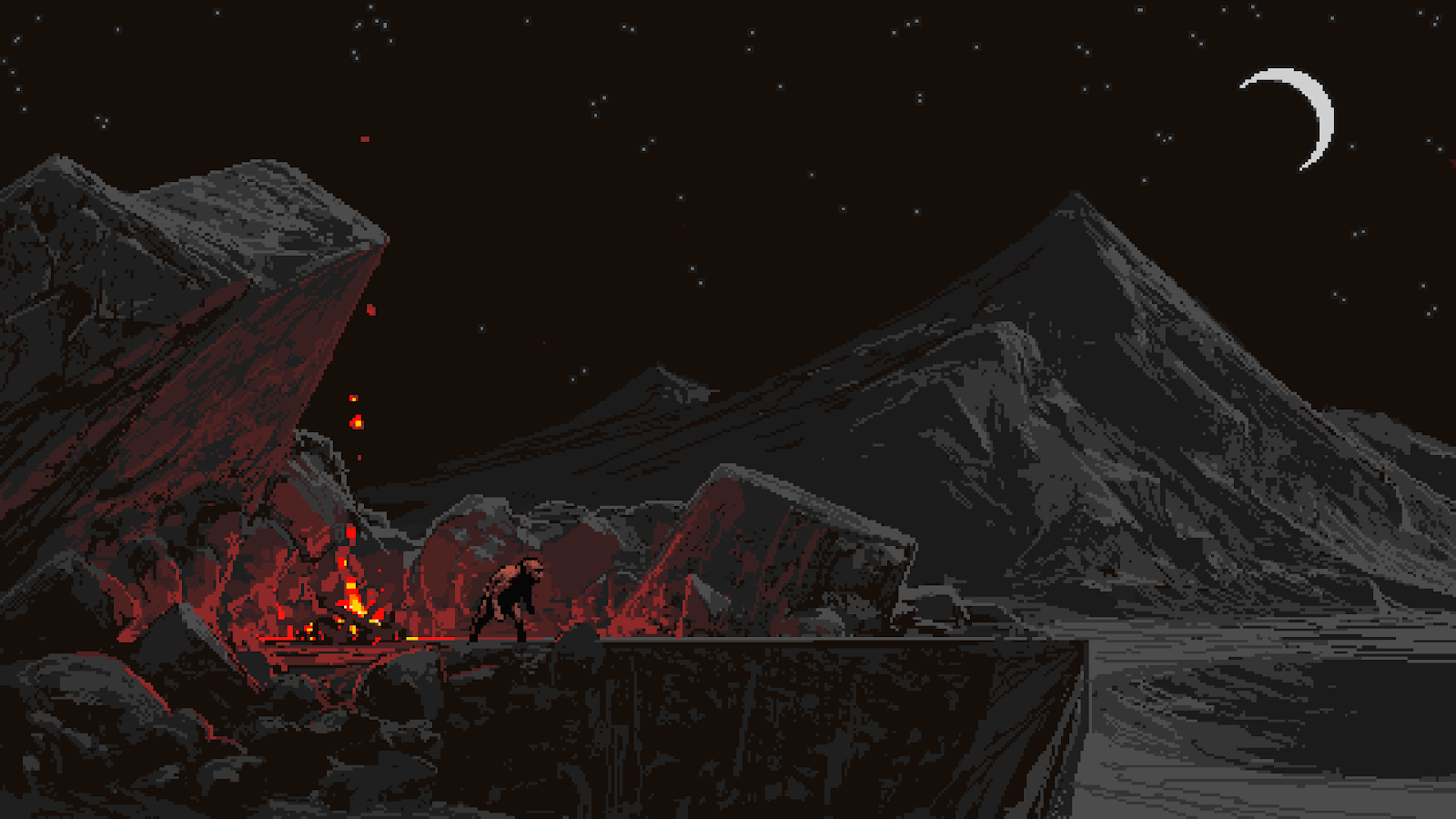 Pixel Art, Fire, Moon, Rocks, Pixels Full HD Desktop, iPhone Wallpaper Background