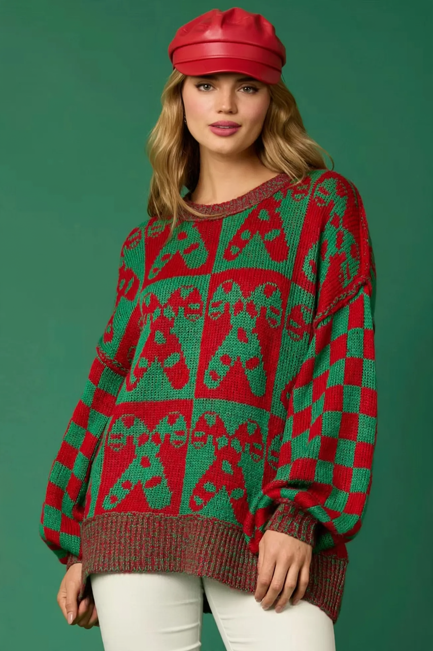 Damen-Weihnachtspullover, kariert, lockere Passform