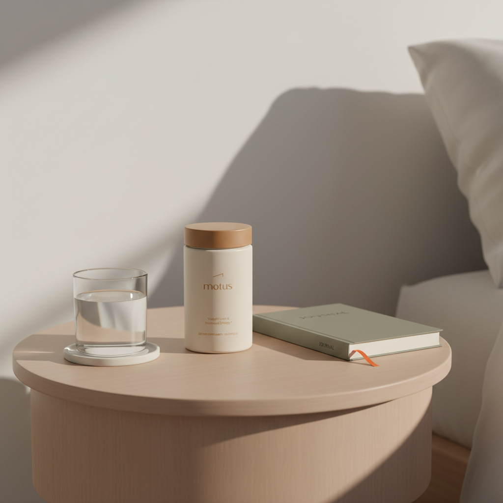 Minimalist bedside scene with Tonum Motus supplement jar on a wooden table beside a glass of water and closed journal in morning light — NASM Certified Nutrition Coach