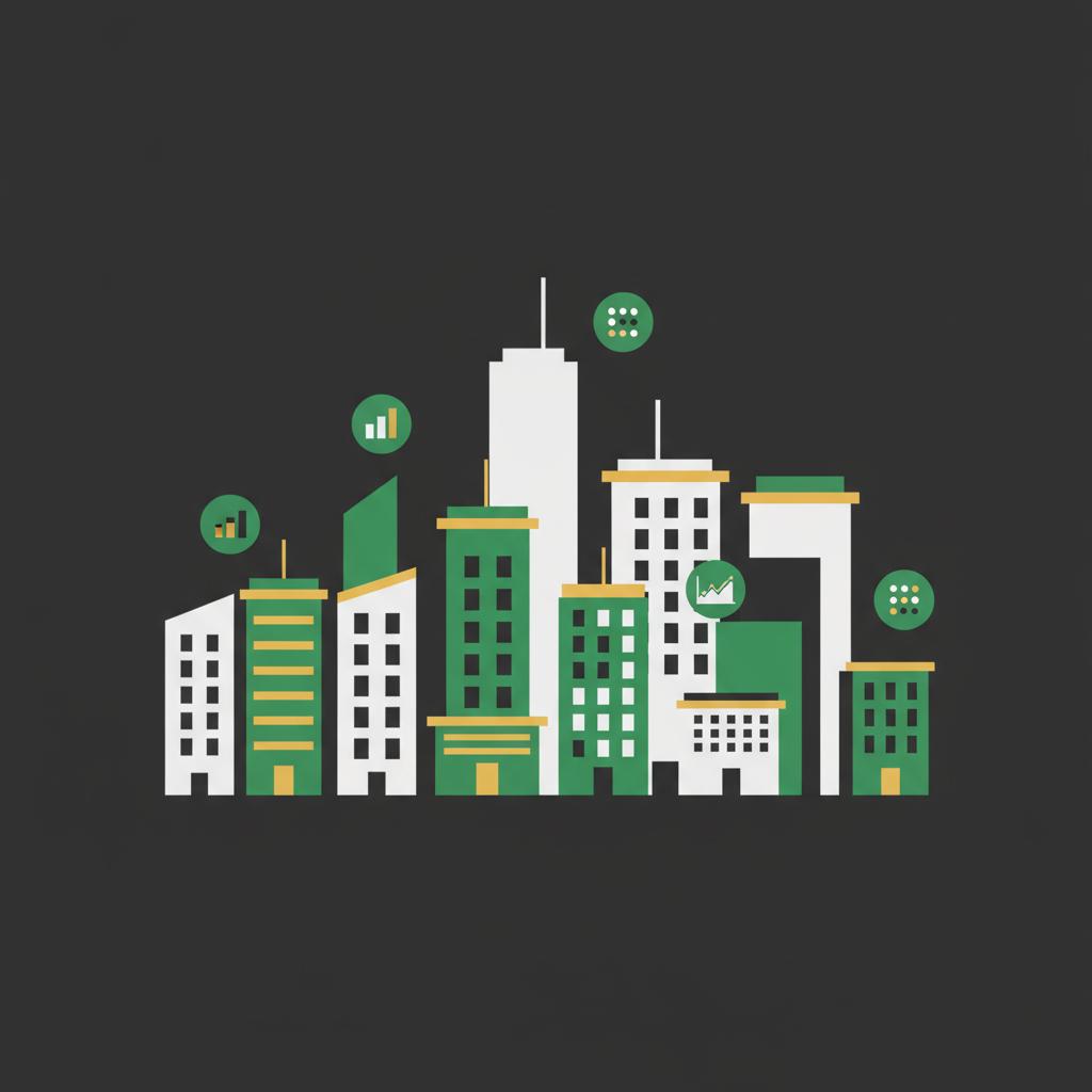 Minimalist 2D vector city skyline with color coded callouts showing local rent indices and mortgage rate variations for property investment for beginners