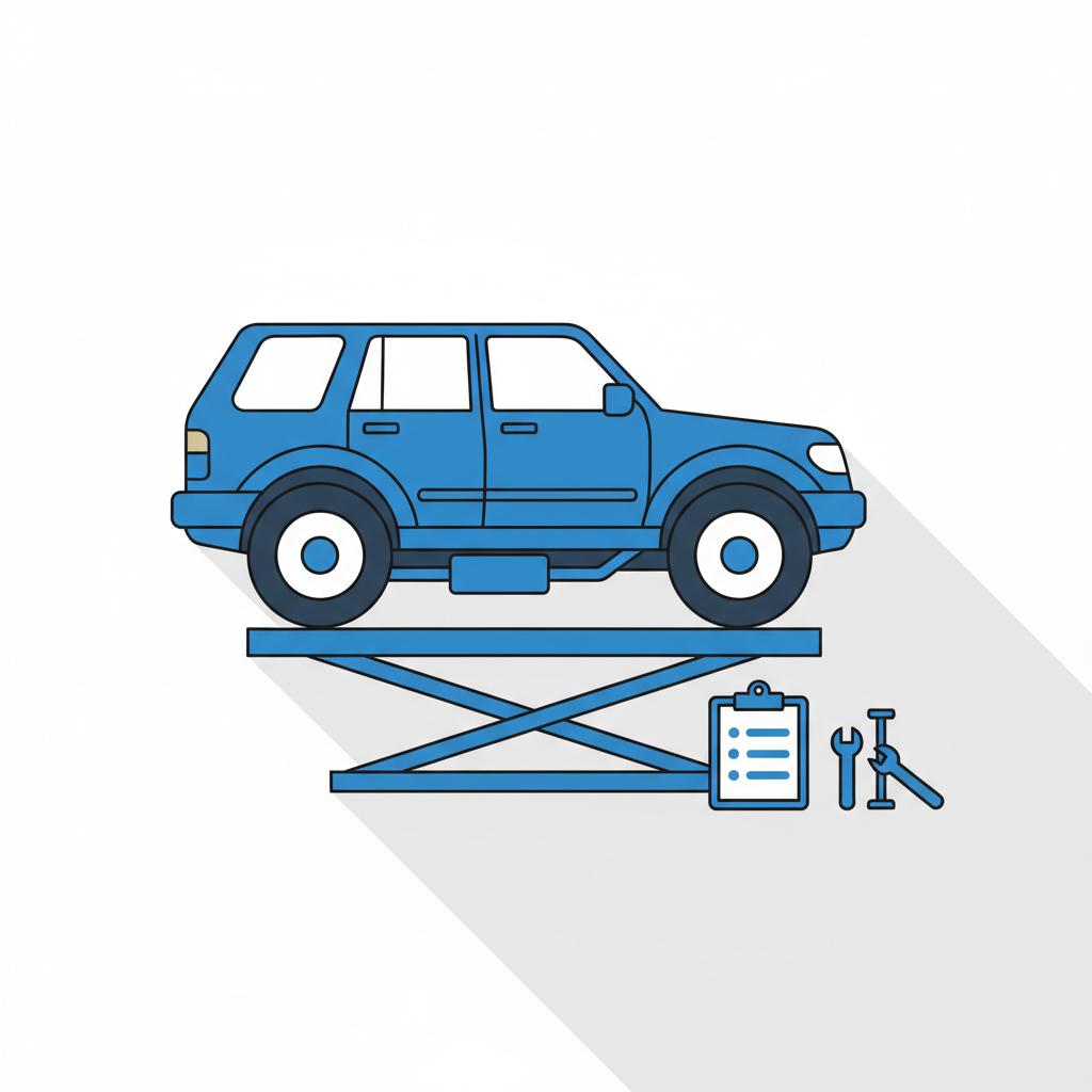 Minimalist 2D vector of a lifted used SUV underside with clipboard and tools in CarFax Deals blue highlighting repossessed cars for sale inspection