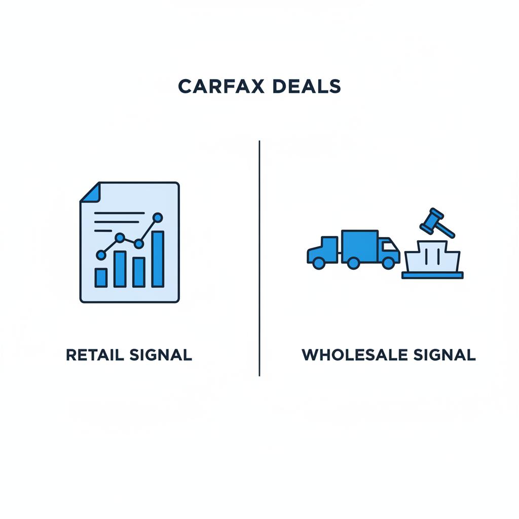 Minimalist split vector showing a printed vehicle valuation report icon and an auction floor with truck silhouettes representing retail and wholesale signals kelley blue book trucks