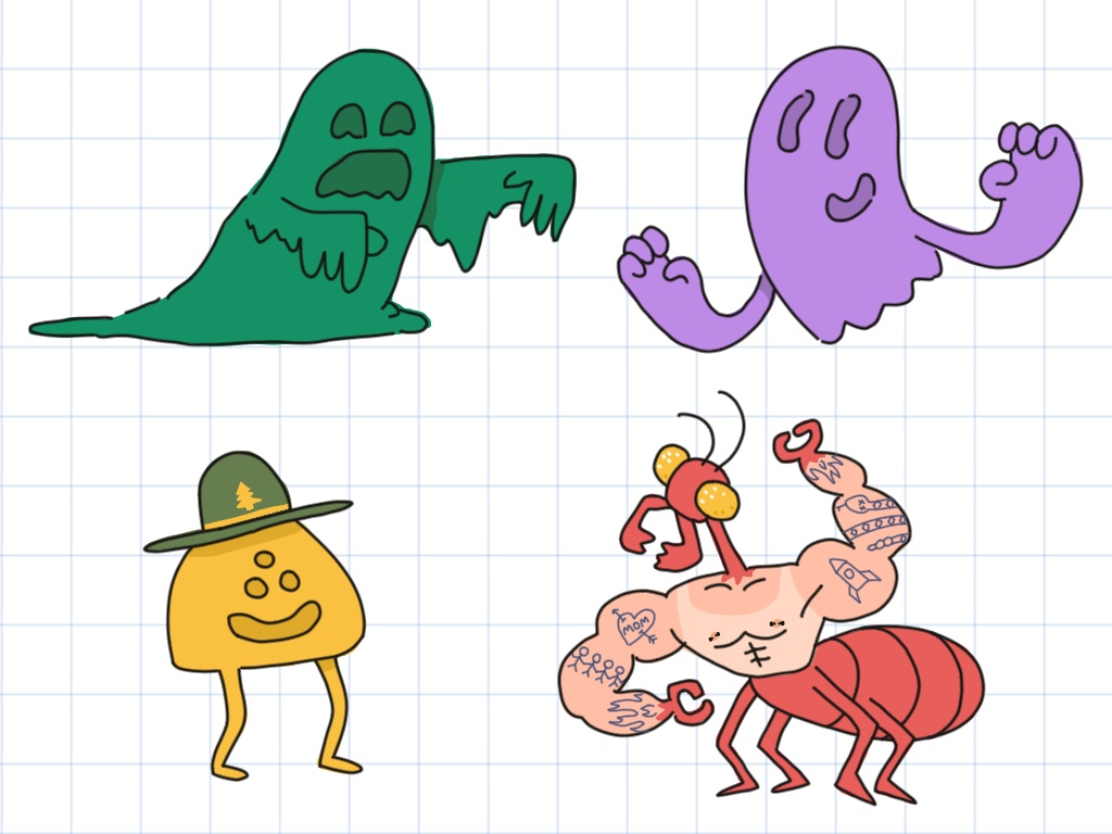 
              A digital drawing of four character: a slime monster, a ghost
              with arms, a little blob with legs, three eyes, and a mouth
              wearing a park ranger hat, and an ant with the torso and arms of
              a buff man that is covered with tattoos 
            