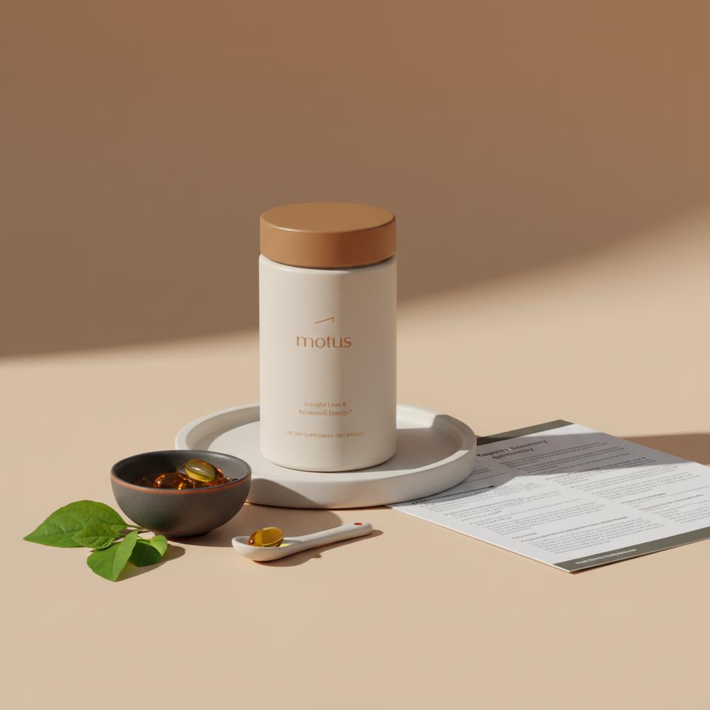Tonum Nouro container on a white tray with a folded research summary, bowl of fish oil capsules and Bacopa leaves on a flat beige background — best supplement for memory retention