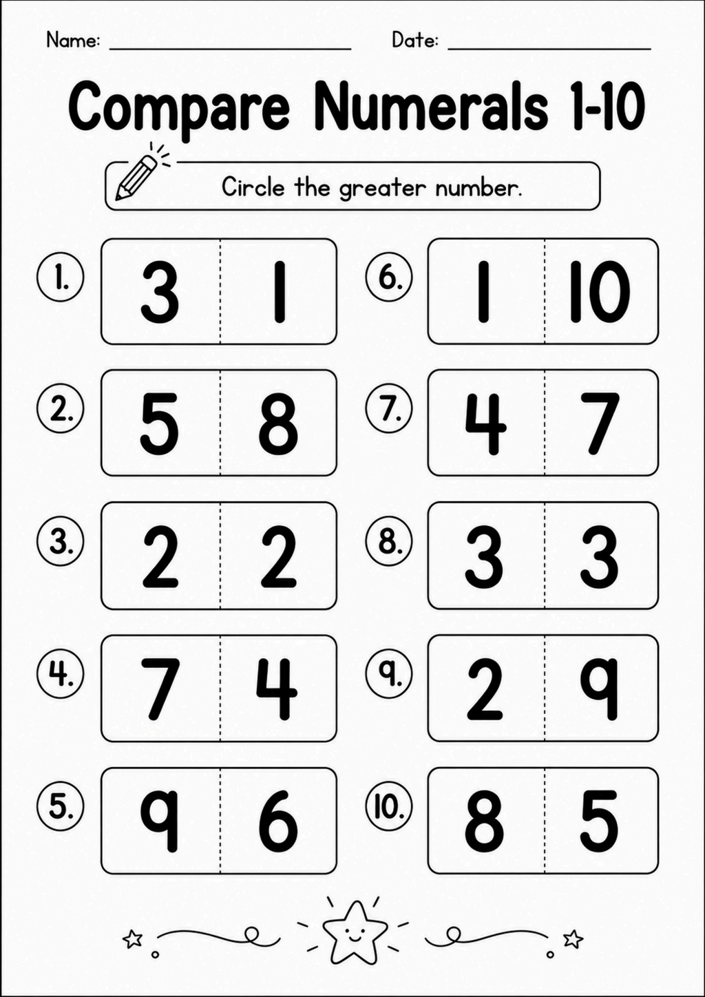 Compare Numerals 1-10 Worksheet
