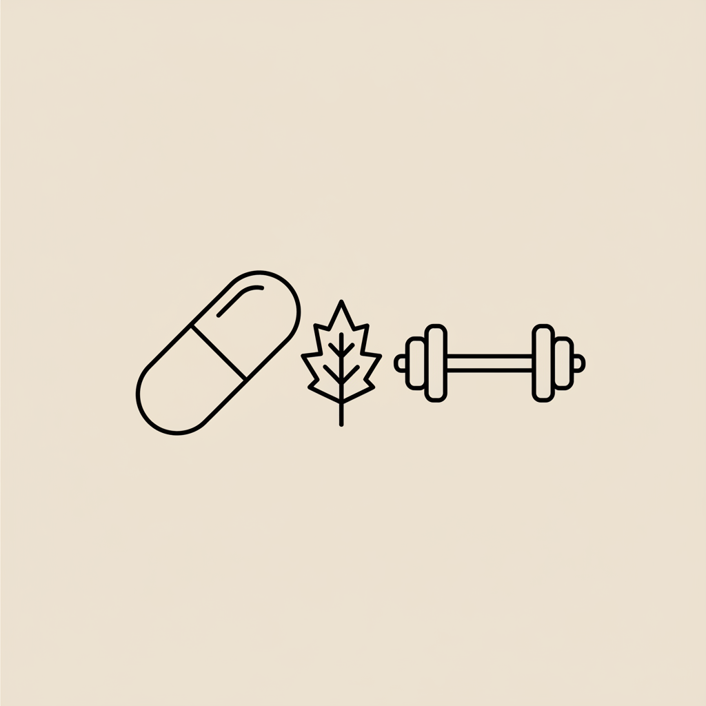 Minimalist Tonum-style vector line illustration of a capsule, milk thistle leaf, and barbell on a beige background suggesting the best weight loss drug and preserved strength.