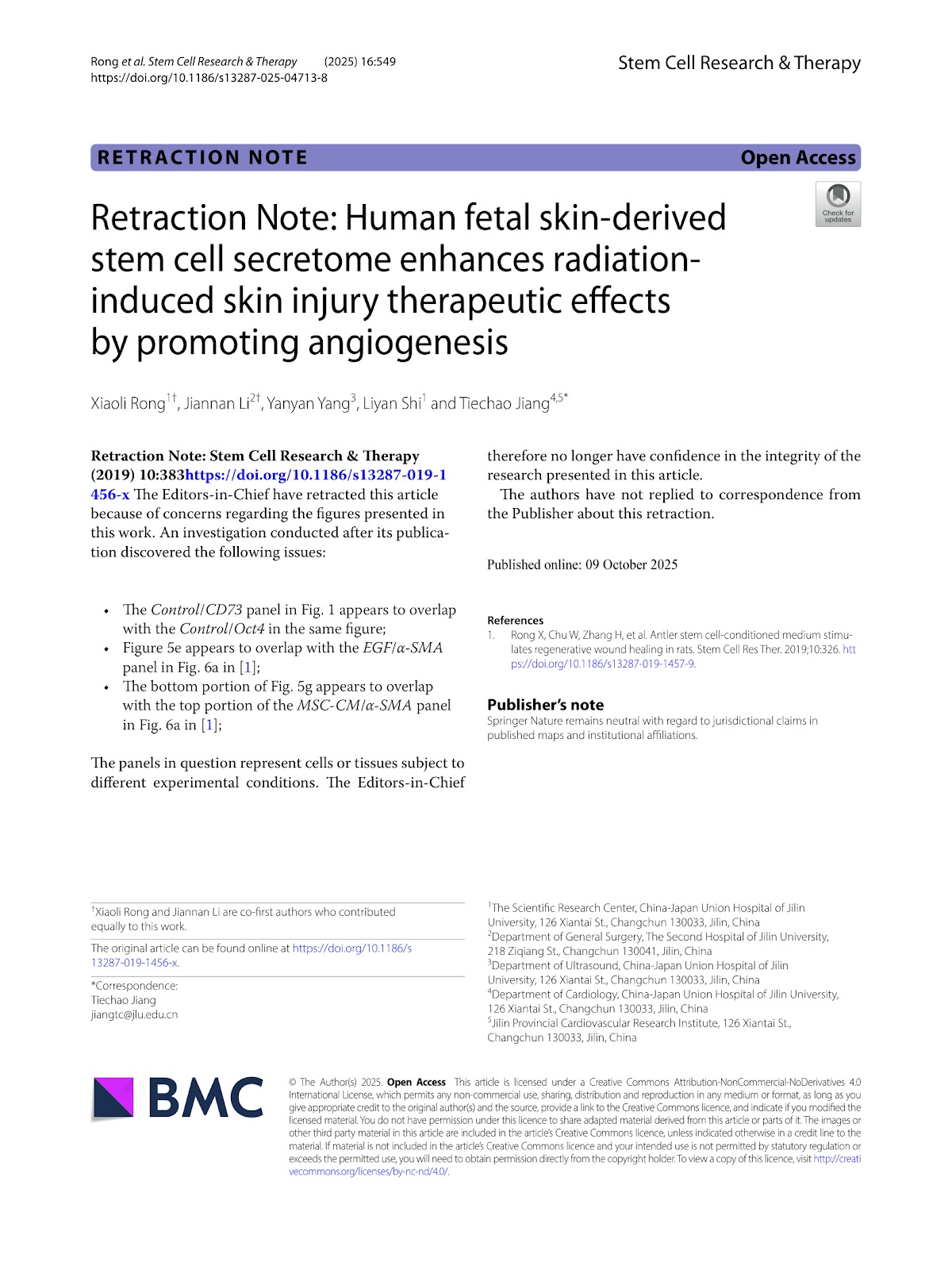 Retraction Note: Human fetal skin-derived stem cell secretome enhances radiation-induced skin injury therapeutic effects by promoting angiogenesis