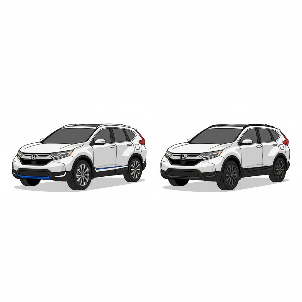 Minimalist 2D vector side by side comparison of two 2018 honda crv used for sale showing higher trim larger wheels and roof rails and lower trim simpler wheels on white background