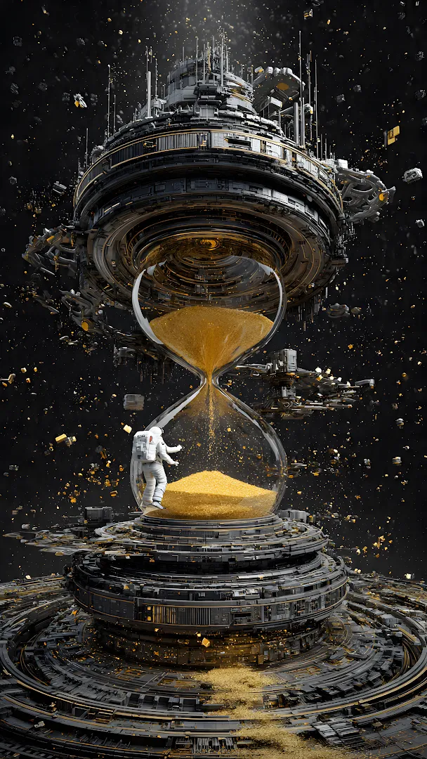 Astronaut in Cosmic Hourglass Time Machine Sculpture
