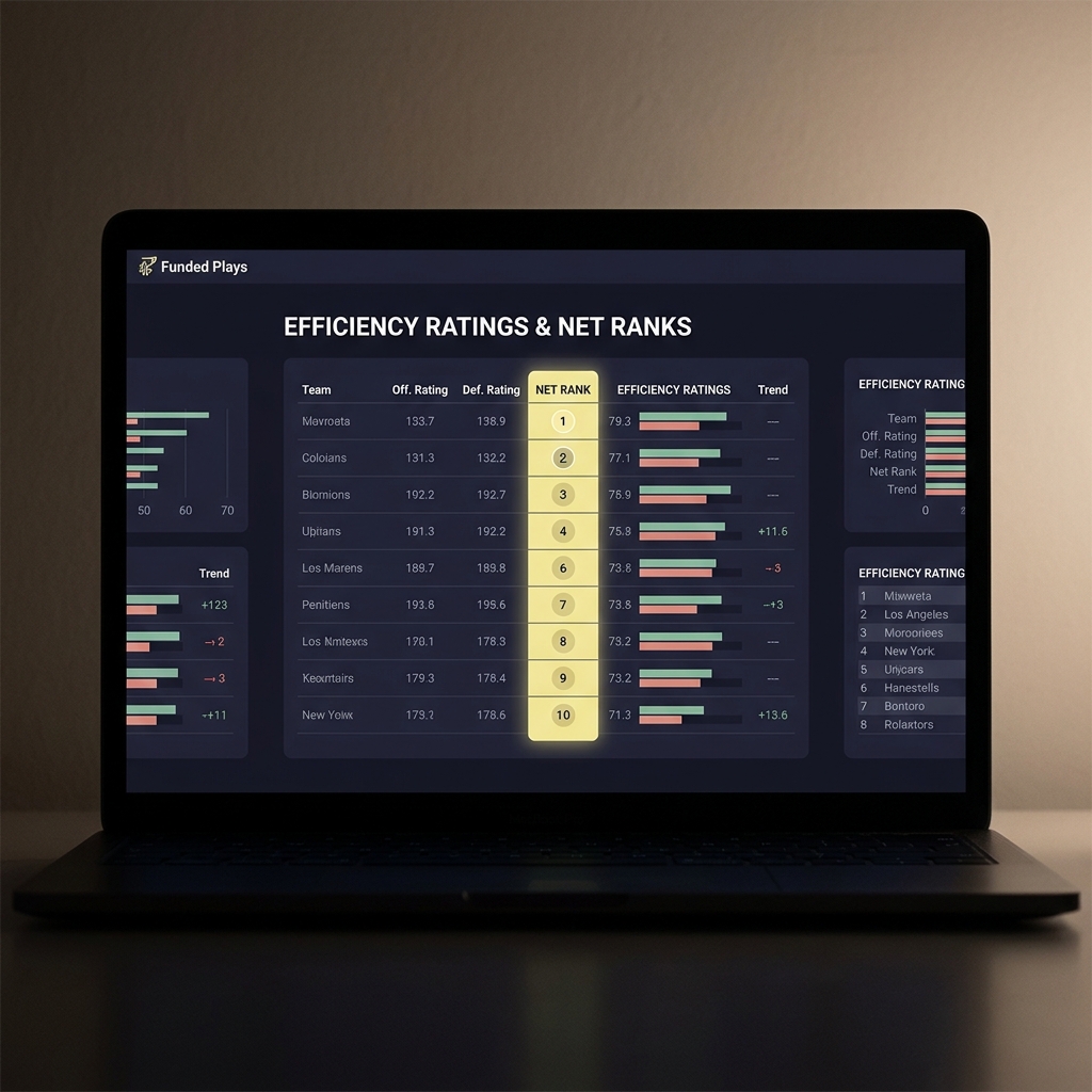 Close up laptop stats dashboard showing efficiency ratings and highlighted NET ranks on a dark minimalist Funded Plays style layout best chances to win march madness